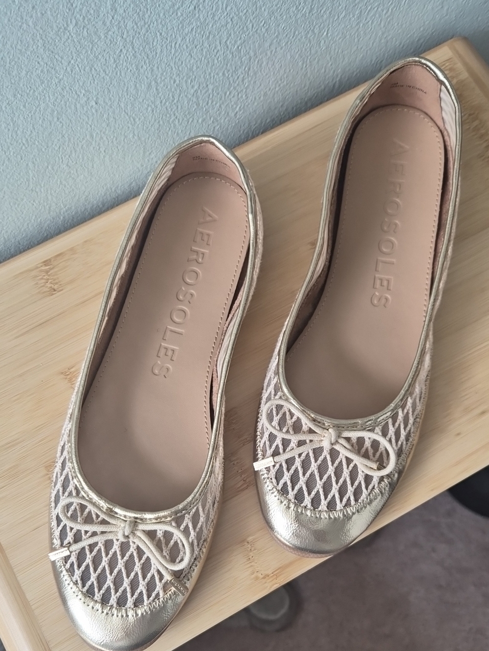 AEROSOLES Gold and Beige Mesh Ballet Flats